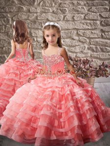 Organza Brush Train Lace Up Little Girl Pageant Gowns in Watermelon Red with Beading and Ruffled Layers