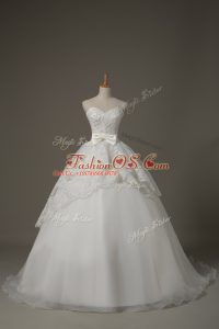 Fantastic White Lace Up Bridal Gown Beading and Lace and Bowknot Sleeveless Brush Train