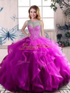 Purple Ball Gowns Scoop Sleeveless Tulle Floor Length Lace Up Beading and Ruffles Quinceanera Dresses