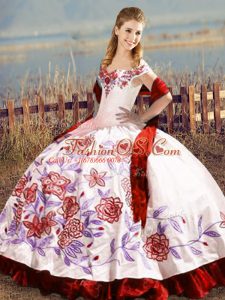 White And Red Lace Up Off The Shoulder Embroidery and Ruffles Vestidos de Quinceanera Satin Sleeveless