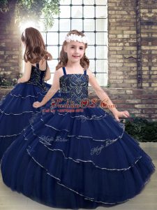 Best Navy Blue Lace Up Straps Beading Kids Formal Wear Tulle Sleeveless