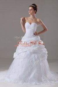 White Sweetheart Lace Up Beading and Lace and Pick Ups Wedding Gown Brush Train Sleeveless