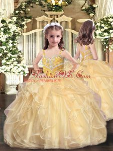 Latest Gold Straps Neckline Beading and Ruffles Little Girls Pageant Dress Sleeveless Lace Up