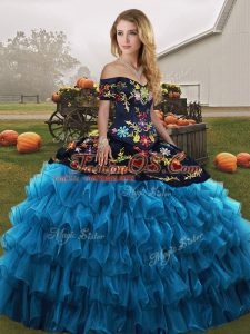 Gorgeous Blue And Black Sleeveless Organza Lace Up 15th Birthday Dress for Military Ball and Sweet 16 and Quinceanera