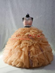 Ideal Sleeveless Brush Train Zipper Beading and Ruffles and Sequins Ball Gown Prom Dress