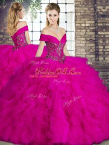 Sleeveless Tulle Floor Length Lace Up Vestidos de Quinceanera in Fuchsia with Beading and Ruffles