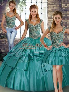 Popular Teal Three Pieces Taffeta Straps Sleeveless Beading and Ruffled Layers Floor Length Lace Up Quinceanera Dresses