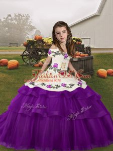 Embroidery and Ruffled Layers Kids Formal Wear Eggplant Purple Lace Up Sleeveless Floor Length