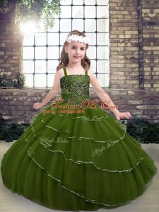 On Sale Sleeveless Tulle Floor Length Lace Up Pageant Dress in Olive Green with Beading and Ruffled Layers