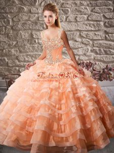 Wonderful Lace Up Vestidos de Quinceanera Orange for Sweet 16 and Quinceanera with Beading and Ruffled Layers Court Train