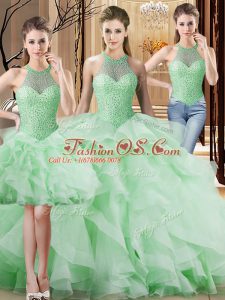 Halter Top Sleeveless Organza Vestidos de Quinceanera Beading and Ruffles Brush Train Lace Up