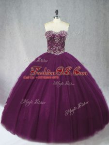 Decent Dark Purple Sweetheart Neckline Beading Vestidos de Quinceanera Sleeveless Lace Up