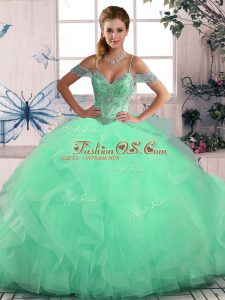Fantastic Off The Shoulder Sleeveless Lace Up Sweet 16 Dresses Apple Green Tulle