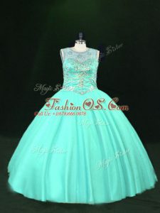 Scoop Sleeveless Lace Up 15 Quinceanera Dress Turquoise Tulle