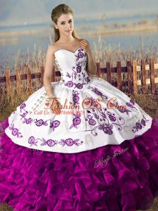 Vintage White And Purple Lace Up Sweetheart Embroidery and Ruffles Sweet 16 Dresses Sleeveless