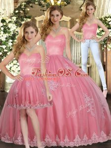 Top Selling Watermelon Red Lace Up Sweetheart Appliques Vestidos de Quinceanera Tulle Sleeveless