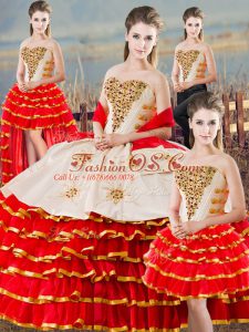 Flare White And Red Quinceanera Gown Sweet 16 and Quinceanera with Beading and Ruffled Layers Sweetheart Sleeveless Lace Up