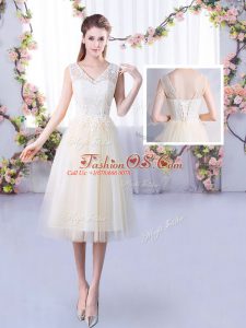 Modern Champagne Empire Tulle V-neck Sleeveless Lace Tea Length Lace Up Dama Dress
