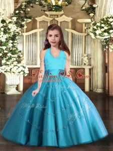 Baby Blue Ball Gowns Tulle Halter Top Sleeveless Beading Floor Length Lace Up Pageant Gowns For Girls