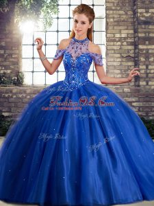 Cute Sleeveless Beading Lace Up Sweet 16 Dress with Royal Blue Brush Train