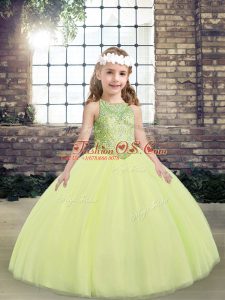 Light Yellow Lace Up Scoop Beading Little Girls Pageant Gowns Tulle Sleeveless