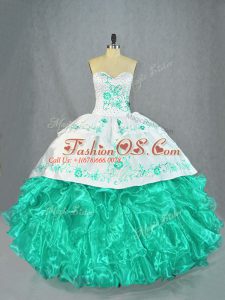 Most Popular Floor Length Turquoise Quinceanera Dress Organza Sleeveless Embroidery and Ruffles