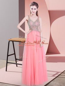 Shining Watermelon Red Tulle Zipper Prom Evening Gown Sleeveless Floor Length Beading