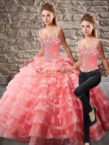Gorgeous Lace Up Sweet 16 Dress Watermelon Red for Sweet 16 and Quinceanera with Beading and Ruffled Layers Court Train