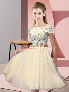 Adorable Gold Short Sleeves Tulle Lace Up Bridesmaid Gown for Wedding Party