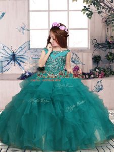 Sleeveless Organza Floor Length Zipper Little Girls Pageant Dress in Turquoise with Beading and Ruffles