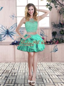 Customized Scoop Sleeveless Homecoming Dresses Mini Length Beading and Lace and Ruffles Apple Green Tulle