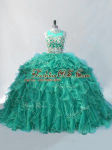 Best Zipper Quinceanera Dresses Turquoise for Sweet 16 and Quinceanera with Beading and Ruffles Brush Train