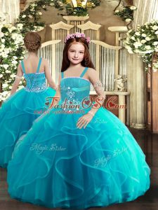 Baby Blue Sleeveless Floor Length Beading and Ruffles Lace Up Little Girls Pageant Gowns