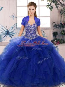 Off The Shoulder Sleeveless Tulle Ball Gown Prom Dress Beading and Ruffles Lace Up