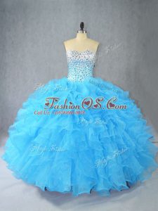 Beautiful Aqua Blue Sleeveless Organza Lace Up Quince Ball Gowns for Sweet 16 and Quinceanera
