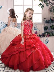 Beauteous Red Halter Top Lace Up Beading and Ruffled Layers Pageant Gowns For Girls Sleeveless