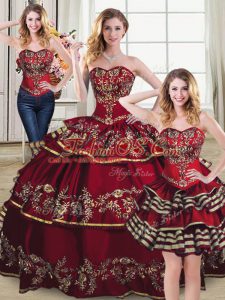 Wine Red Sweetheart Lace Up Embroidery and Ruffled Layers Sweet 16 Dresses Sleeveless