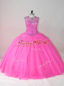 Rose Pink Ball Gowns Scoop Sleeveless Tulle Floor Length Lace Up Beading Sweet 16 Quinceanera Dress