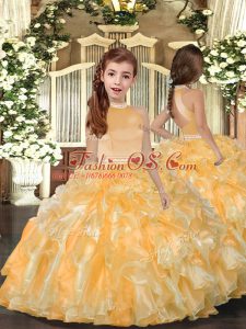 Fashionable Floor Length Ball Gowns Sleeveless Gold Little Girls Pageant Dress Backless