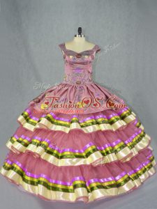 Elegant Floor Length Lace Up Quinceanera Dress Pink for Sweet 16 and Quinceanera with Embroidery and Ruffled Layers