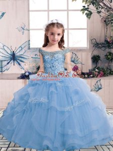 Charming Beading and Ruffles Pageant Dress for Girls Light Blue Lace Up Sleeveless Floor Length