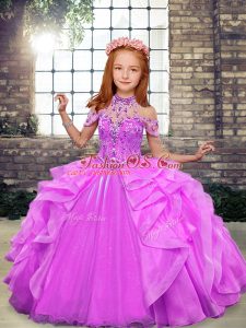 New Style High-neck Sleeveless Lace Up Little Girl Pageant Dress Lilac Organza