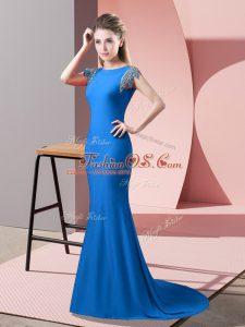 Superior Elastic Woven Satin High-neck Short Sleeves Brush Train Backless Beading Evening Outfits in Blue