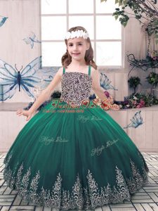 Sleeveless Floor Length Beading and Embroidery Lace Up Kids Formal Wear with Green
