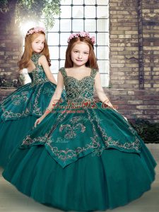 Teal Little Girls Pageant Gowns Military Ball and Sweet 16 and Wedding Party with Beading and Embroidery Straps Sleeveless Lace Up