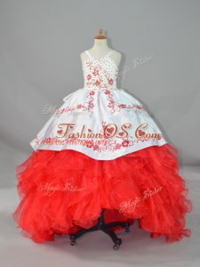 White And Red Little Girls Pageant Dress Wholesale Straps Sleeveless Sweep Train Lace Up