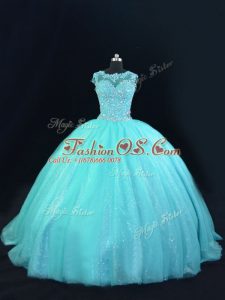 Floor Length Lace Up 15th Birthday Dress Aqua Blue for Sweet 16 and Quinceanera with Beading and Lace