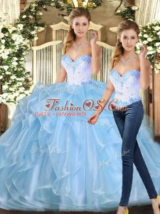 Captivating Beading and Ruffles Sweet 16 Dresses Blue Lace Up Sleeveless Floor Length