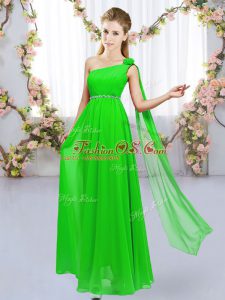 Best Selling Chiffon Lace Up One Shoulder Sleeveless Floor Length Quinceanera Court Dresses Beading and Hand Made Flower