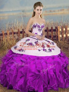Fashionable Floor Length White And Purple Ball Gown Prom Dress Organza Sleeveless Embroidery and Ruffles and Bowknot